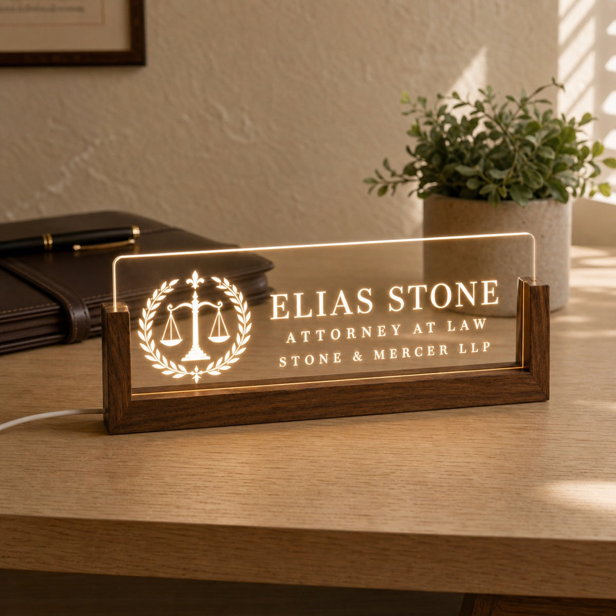 Illuminated personalized legal nameplate displayed on a warm office desk