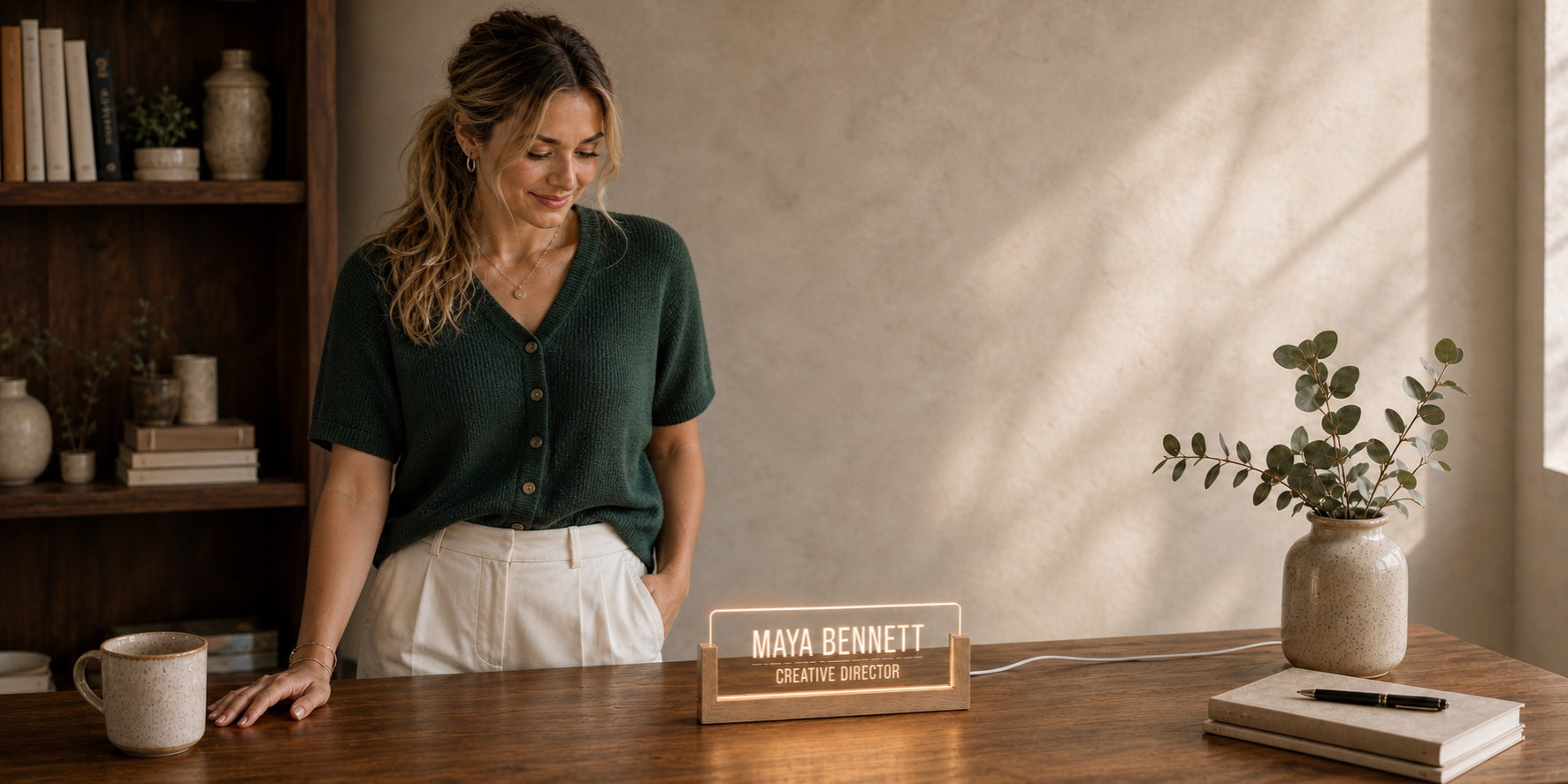A personalized illuminated acrylic nameplate in a warm, refined workspace