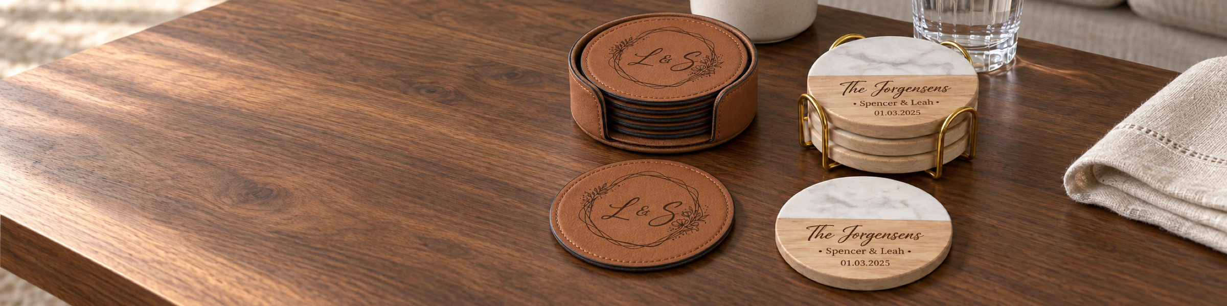 Personalized stitched leatherette and marble and wood coasters arranged on a walnut coffee table with a light gold caddy