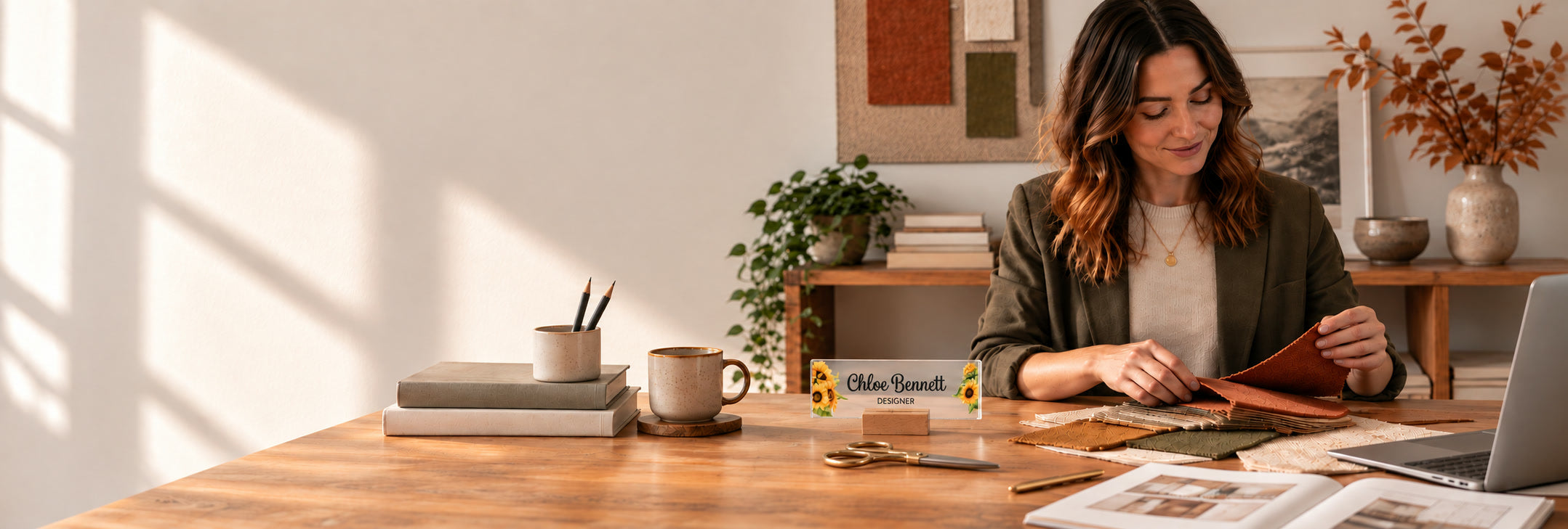 Designer reviewing fabric beside a personalized sunflower acrylic nameplate