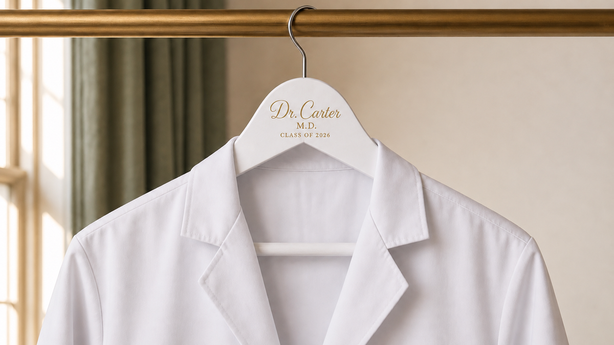 Personalized white wooden hanger with gold lettering holds a white medical coat on a brass rail beside a sage curtain.