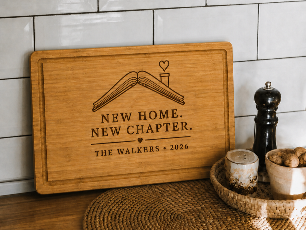 Personalized bamboo cutting board arranged for serving and gathering