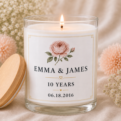 personalized Anniversary Candle, Custom Names and Wedding Date Gift, lit with natural wood lid beside the jar