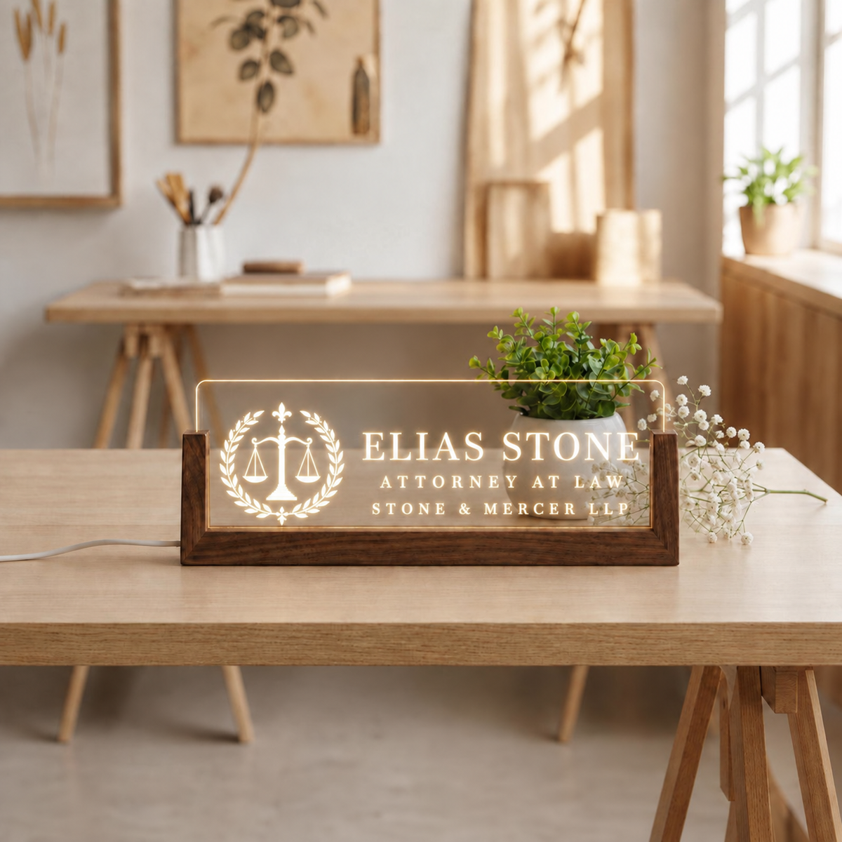 Personalized Attorney at Law LED acrylic desk nameplate with scales of justice and laurel.