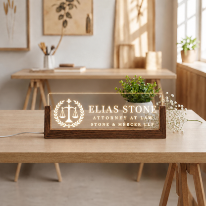 Personalized Attorney at Law LED acrylic desk nameplate with scales of justice and laurel.