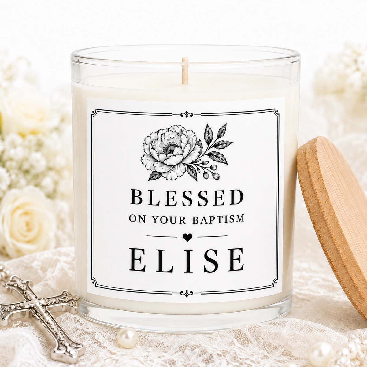 Personalized Baptism Keepsake Candle, Custom Black and White Label, 4 oz or 8 oz Christening Gift — hero