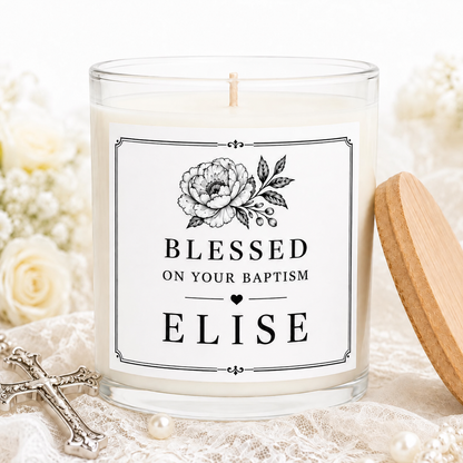 Personalized Baptism Keepsake Candle, Custom Black and White Label, 4 oz or 8 oz Christening Gift — hero