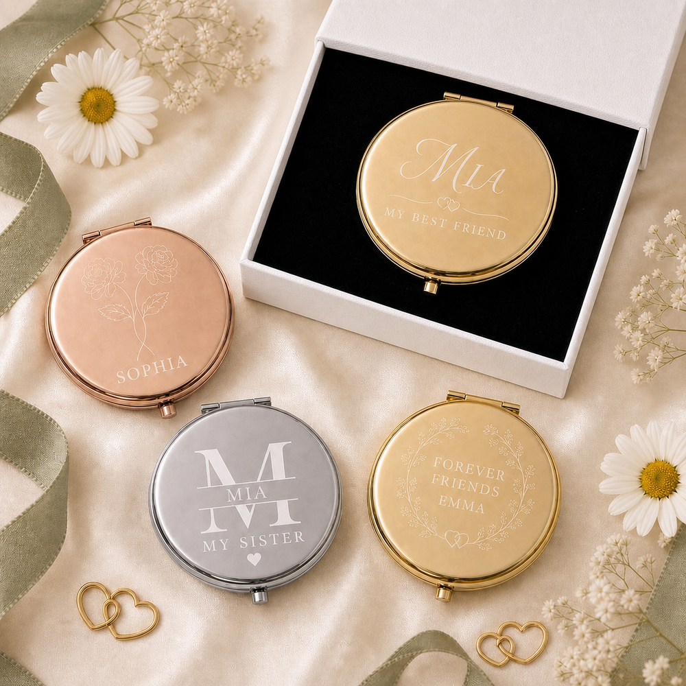 Best Friend Sister or Chosen Family personalized compact mirrors in gold rose gold and silver with matte white gift box and flat black velvet insert