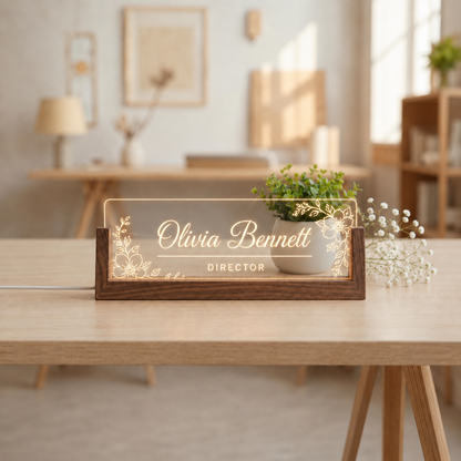 Floral Corner Script LED acrylic desk nameplate with script name with floral corners.