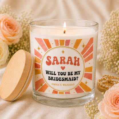 personalized Bridesmaid Proposal Candle, Custom Name Bridal Party Gift, lit with natural wood lid beside the jar