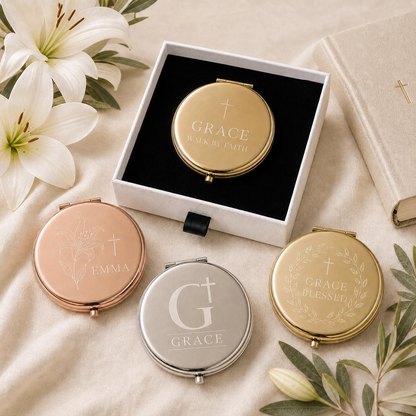 Christian Scripture or First Communion personalized compact mirrors in gold rose gold and silver with matte white gift box and flat black velvet insert