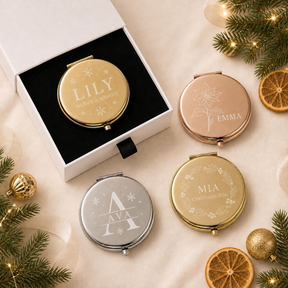 Christmas Daughter Niece or Tween personalized compact mirrors in gold rose gold and silver with matte white gift box and flat black velvet insert