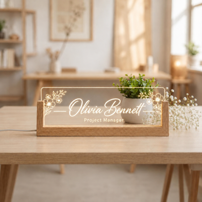 Floral Script LED acrylic desk nameplate with script name with small floral corners.