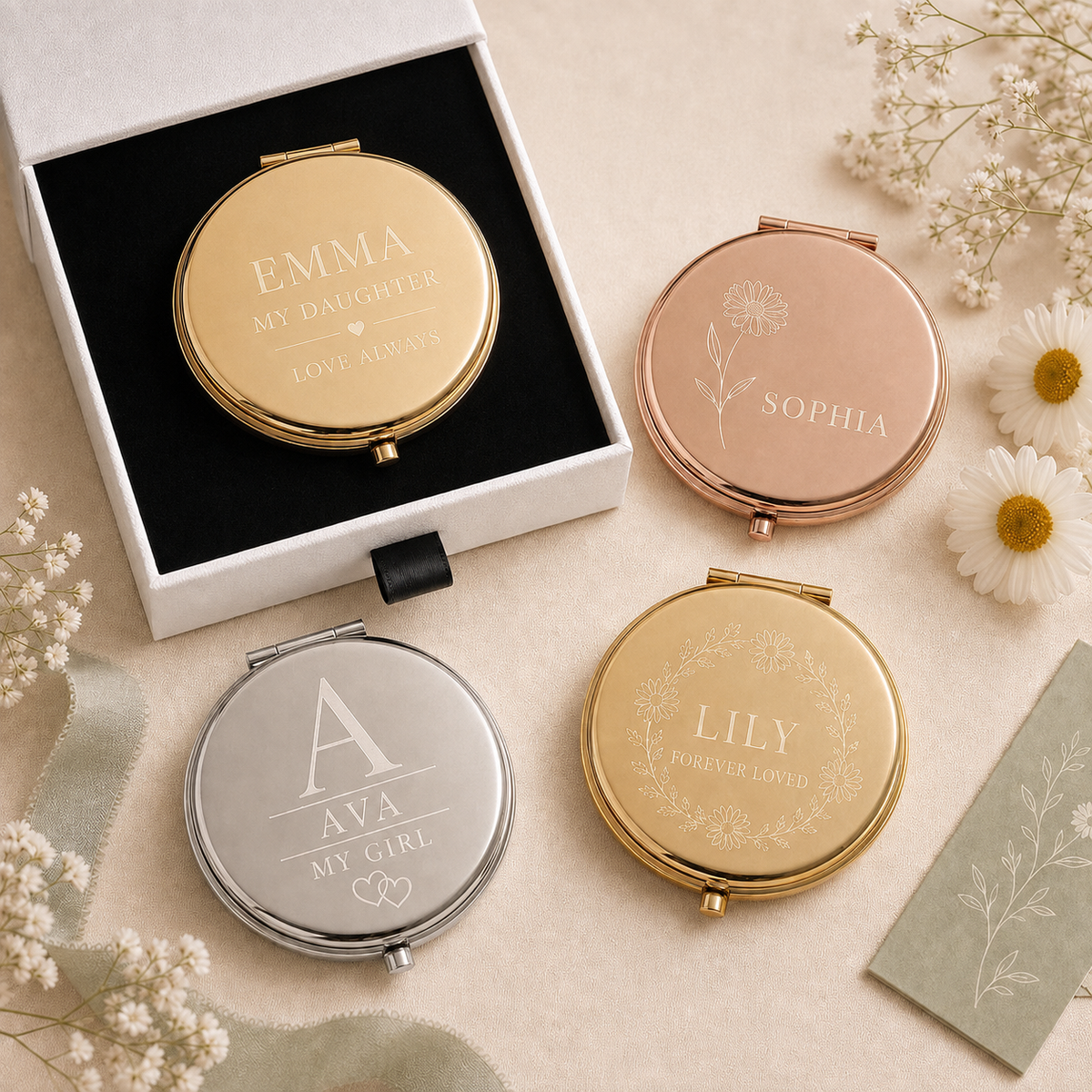 Daughter Granddaughter or Niece personalized compact mirrors in gold rose gold and silver with matte white gift box and flat black velvet insert