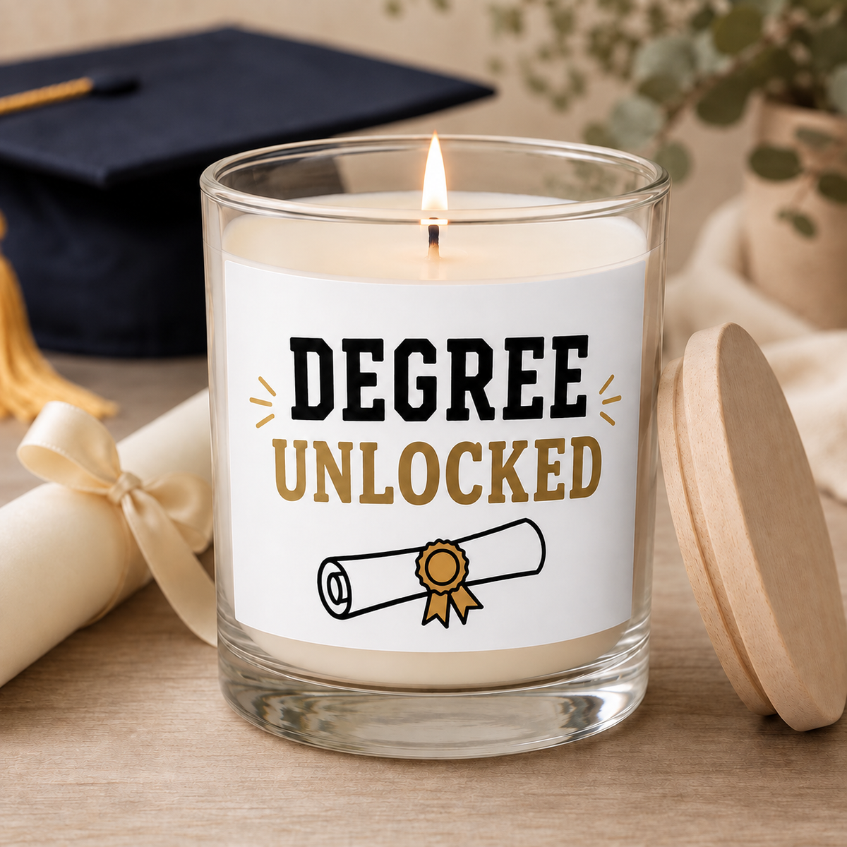 Degree Unlocked graduation candle with fast fulfillment badge