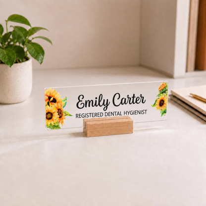 Personalized dental hygienist acrylic nameplate with shipping text to be cleaned before publishing