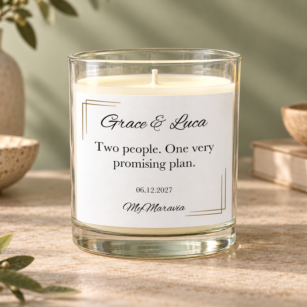 Hero — MyMaravia Engagement gift for couple candle; Style 1: Two people. One very promising plan.