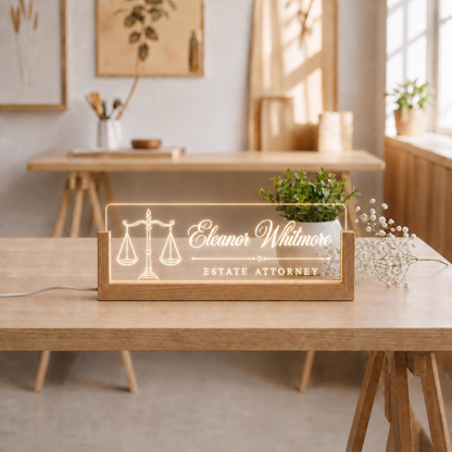 Personalized Estate Attorney LED acrylic desk nameplate with scales of justice.