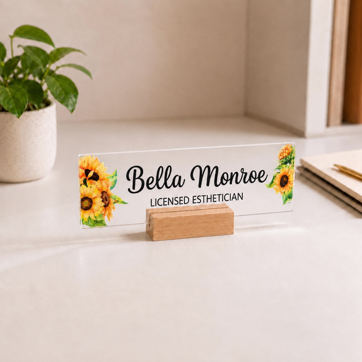 Personalized esthetician acrylic nameplate with shipping text to be cleaned before publishing