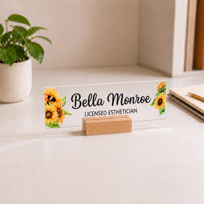Personalized esthetician acrylic nameplate with shipping text to be cleaned before publishing