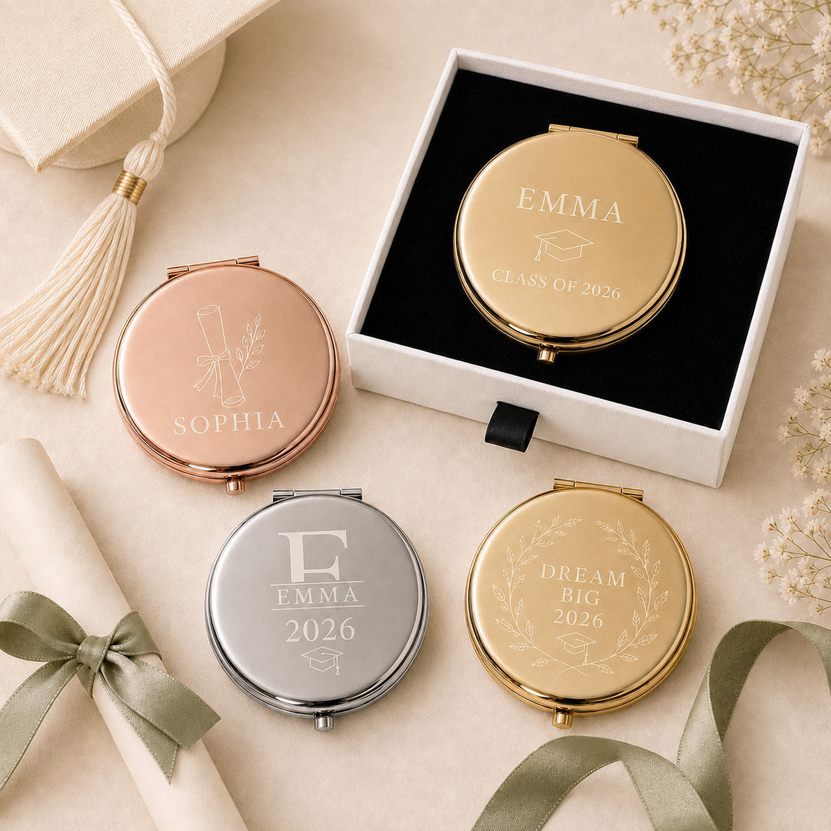 Graduation Class of 2026 personalized compact mirrors in gold rose gold and silver with matte white gift box and flat black velvet insert