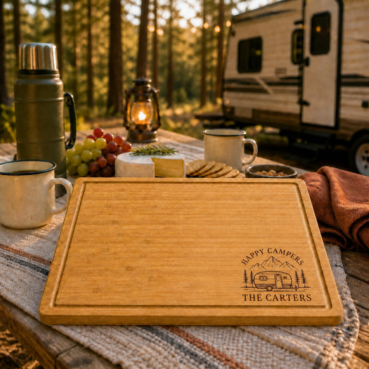 Personalized Camping Cutting Board shown in hero with two-day arrival badge.