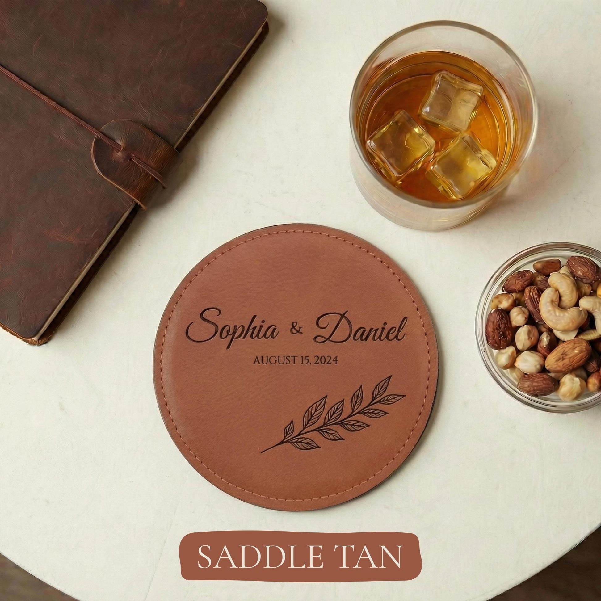 Custom Engraved Leather Coasters Set, Personalized Drink Coasters, Housewarming Gift