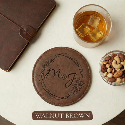 Custom Engraved Leather Coasters Set, Personalized Drink Coasters, Housewarming Gift