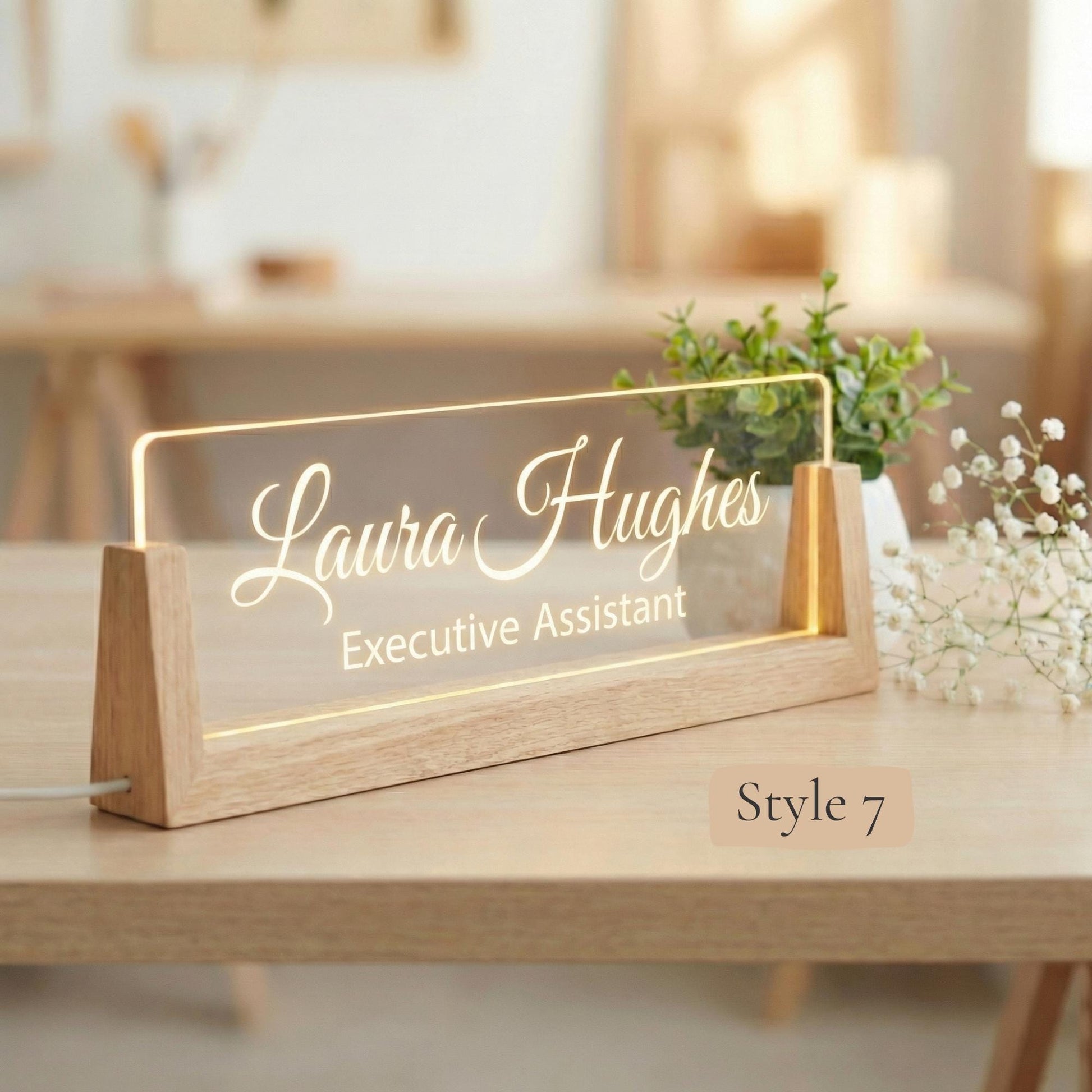 Personalized LED Name Plate, Custom Wooden Base Desk Sign, Lighted Office Name Plate, Coworker or Boss Gift, Arrives in 2 Days