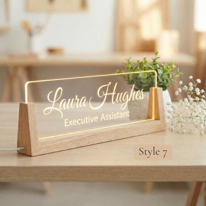 Personalized LED Name Plate, Custom Wooden Base Desk Sign, Lighted Office Name Plate, Coworker or Boss Gift, Arrives in 2 Days