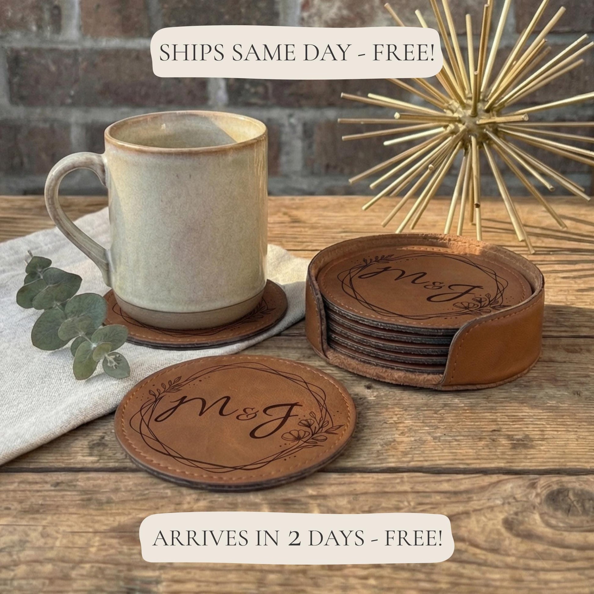 Custom Engraved Leather Coasters Set, Personalized Drink Coasters, Housewarming Gift