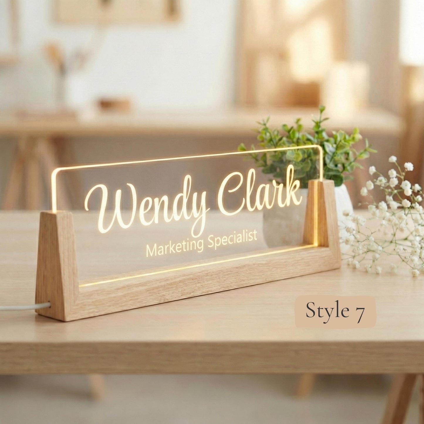 Personalized Walnut LED Name Plate, Custom Wooden Base Desk Sign (Arrives in 2 Days)