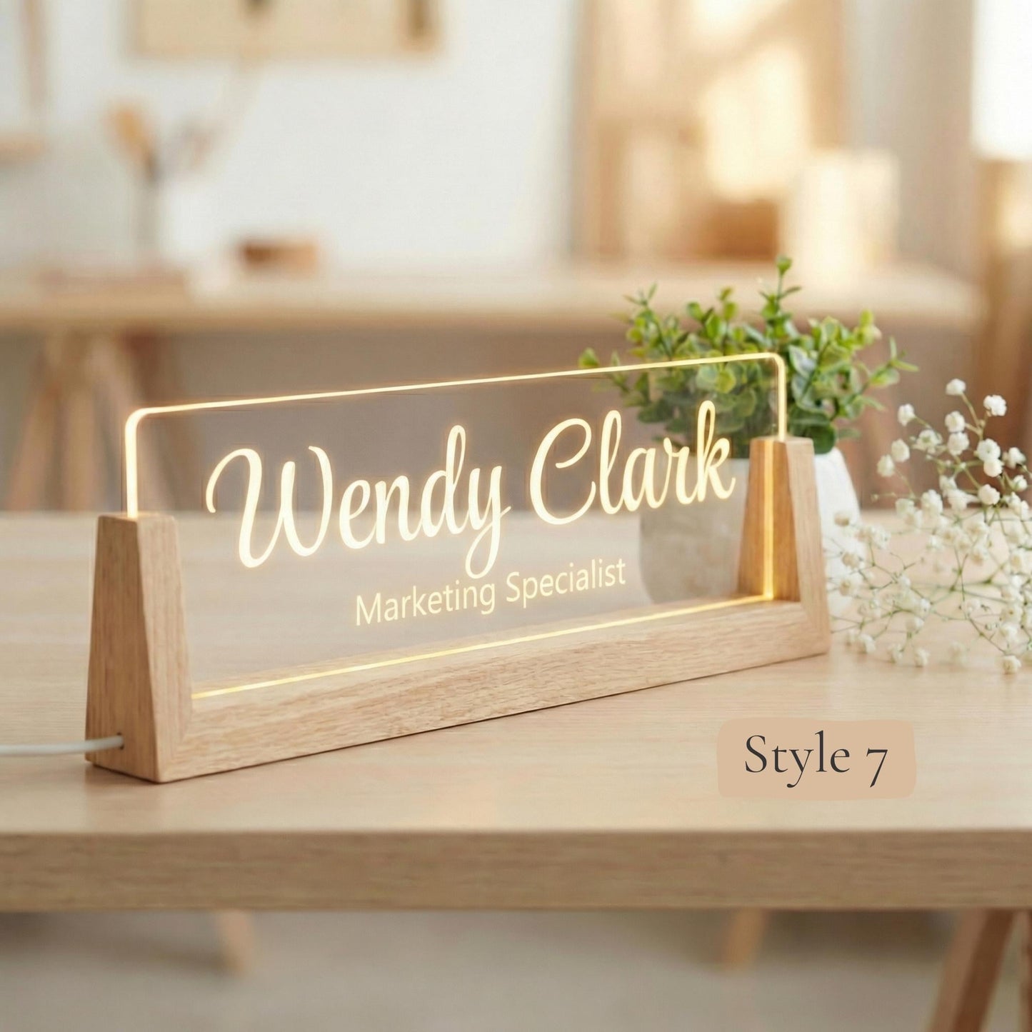 Personalized LED Name Plate, Custom Wooden Base Desk Sign, Lighted Office Name Plate, Coworker or Boss Gift, Arrives in 2 Days