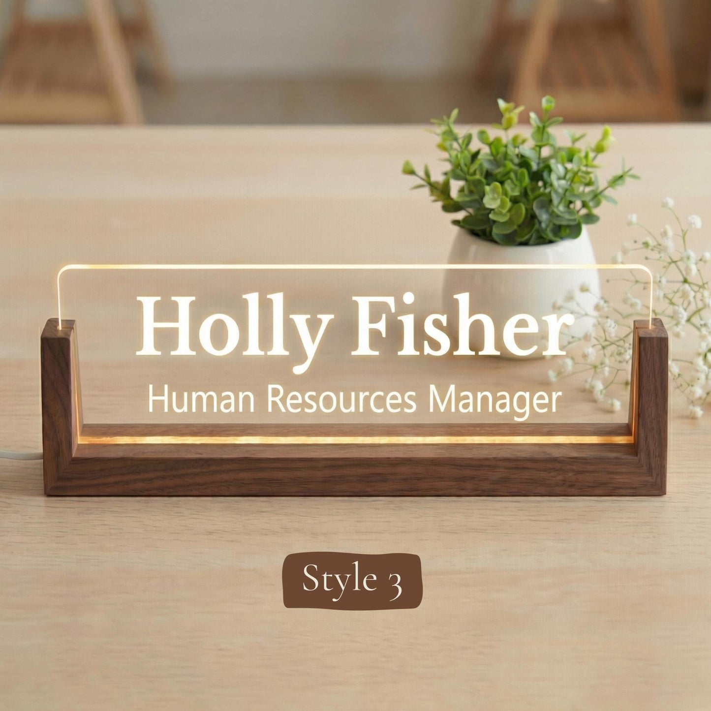 Personalized Walnut LED Name Plate, Custom Wooden Base Desk Sign (Arrives in 2 Days)
