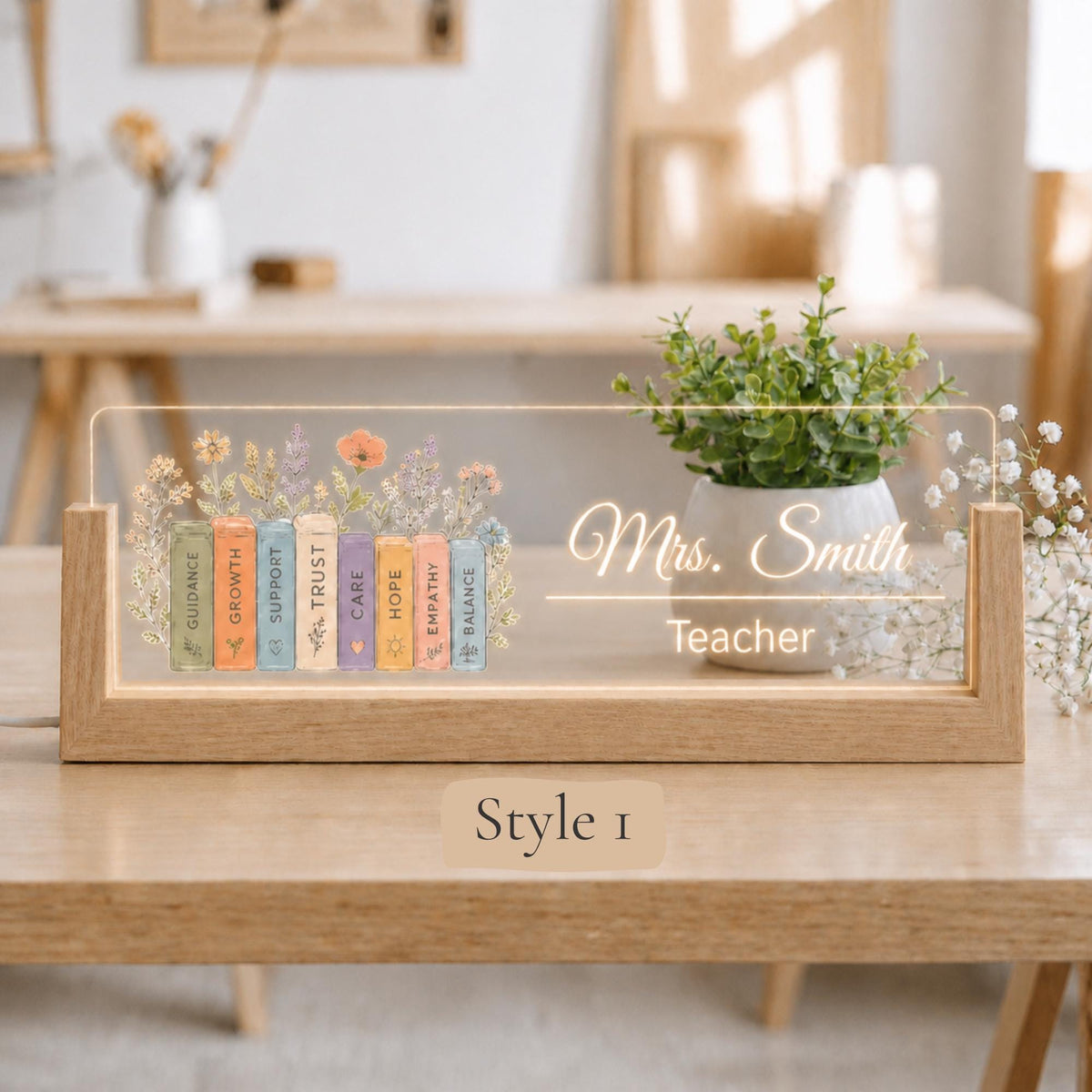 Personalized teacher light-up nameplate displayed in a classroom-inspired design