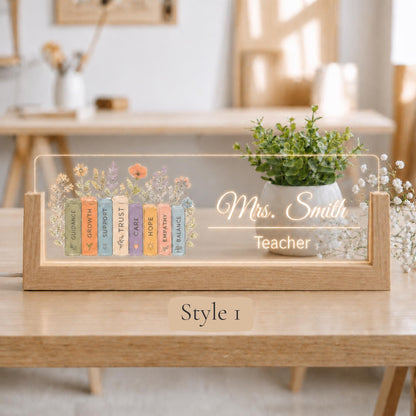 Personalized LED Teacher Desk Nameplate, Custom Wooden Classroom Sign, Teacher Name Plate Gift