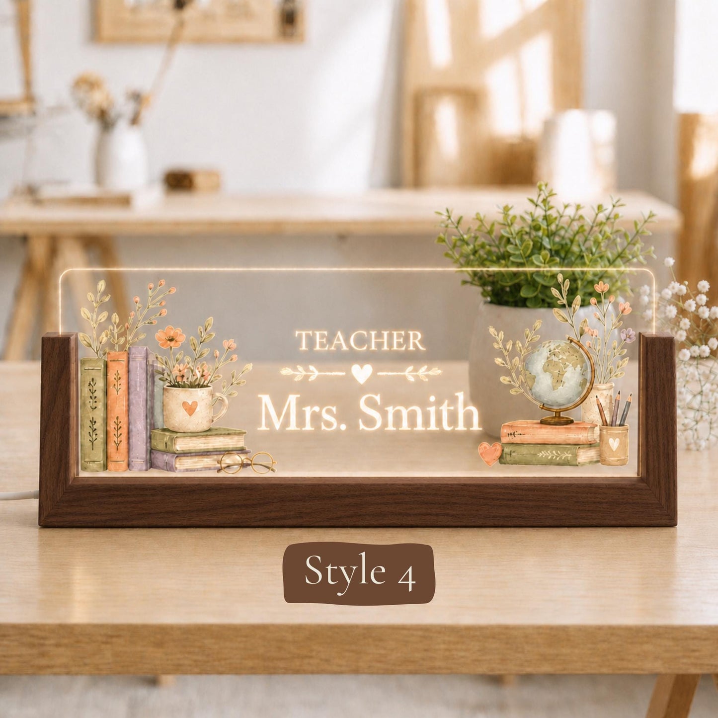 Personalized LED Teacher Desk Nameplate, Custom Wooden Classroom Sign, Teacher Name Plate Gift