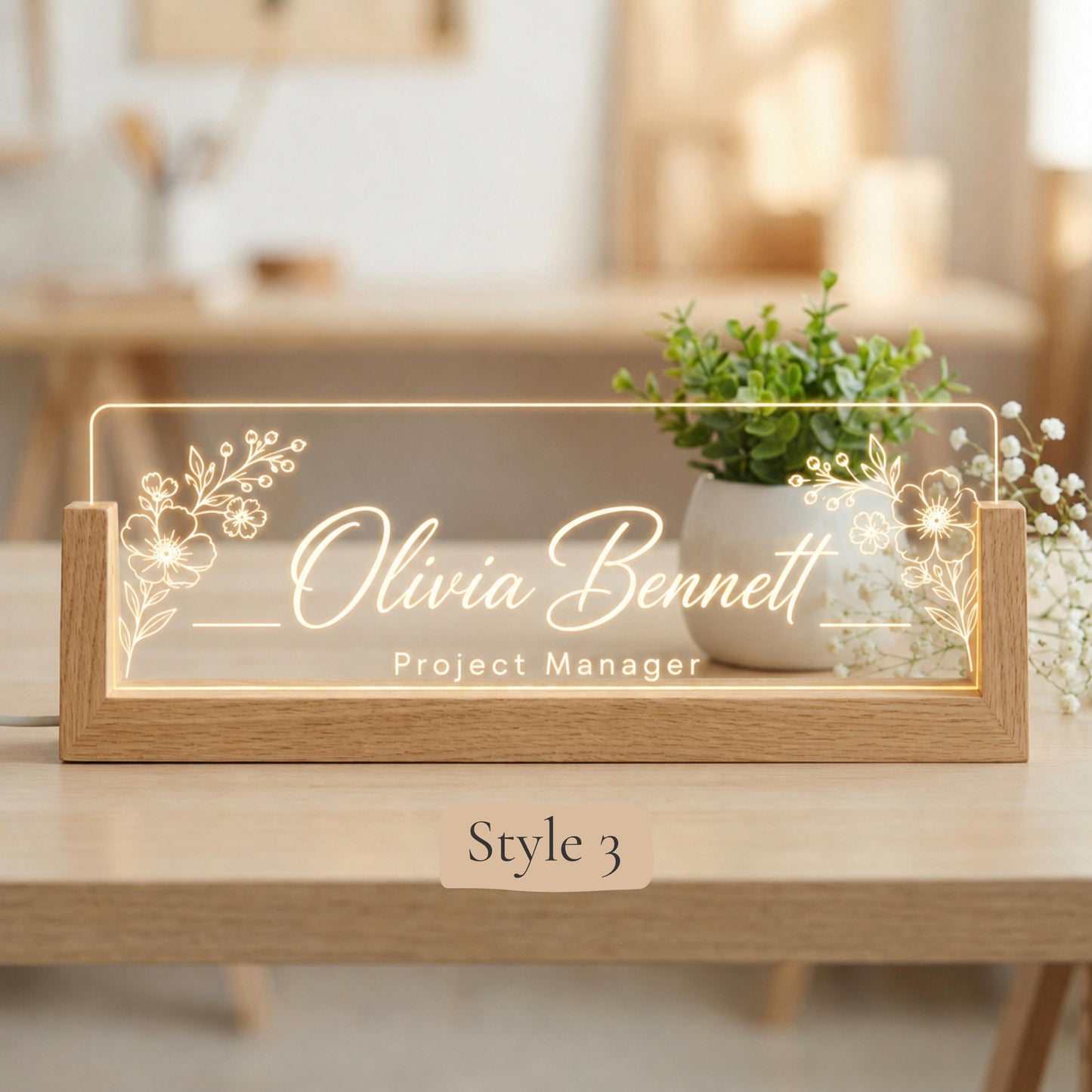 Personalized LED Desk Name Plate, Custom Acrylic Office Sign with Wooden Base (Arrives in 2 Days)