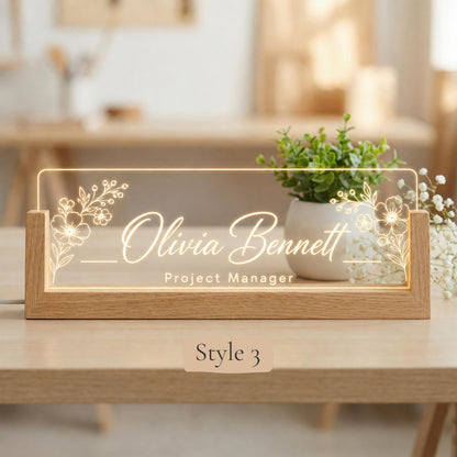Personalized LED Desk Name Plate, Custom Acrylic Office Sign with Wooden Base (Arrives in 2 Days)