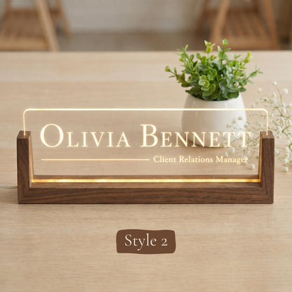 Personalized LED Desk Name Plate, Custom Acrylic Office Sign with Wooden Base (Arrives in 2 Days)