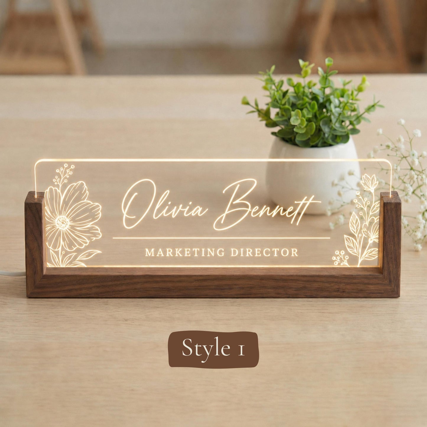 Personalized LED Desk Name Plate, Custom Acrylic Office Sign with Wooden Base (Arrives in 2 Days)