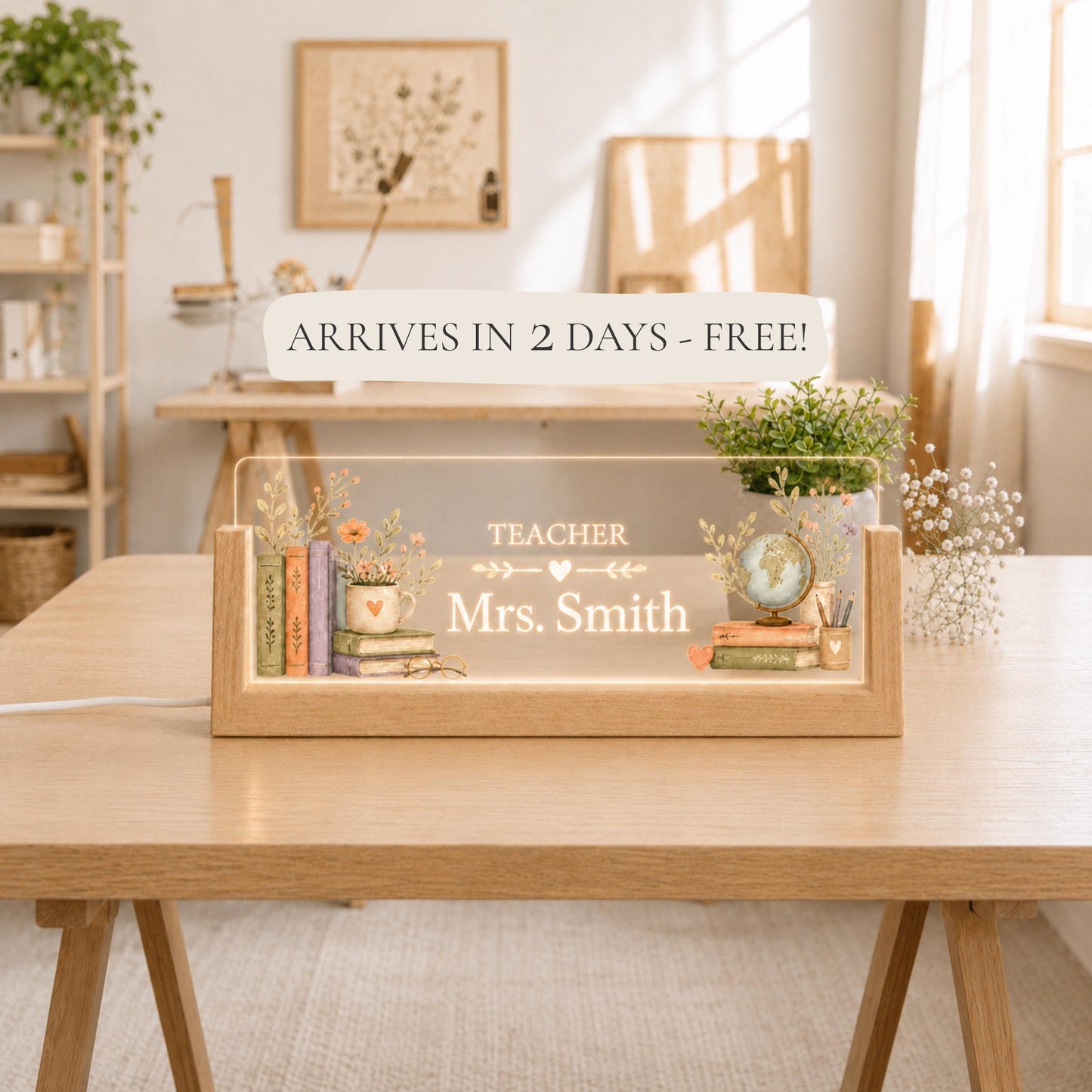 Custom Teacher Desk Sign, Personalized LED Teacher Name Plate, Classroom Decor, School Staff Gift