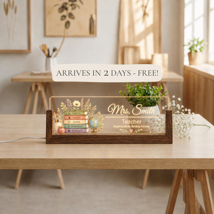 Personalized LED Teacher Desk Nameplate, Custom Wooden Classroom Sign, Teacher Name Plate Gift