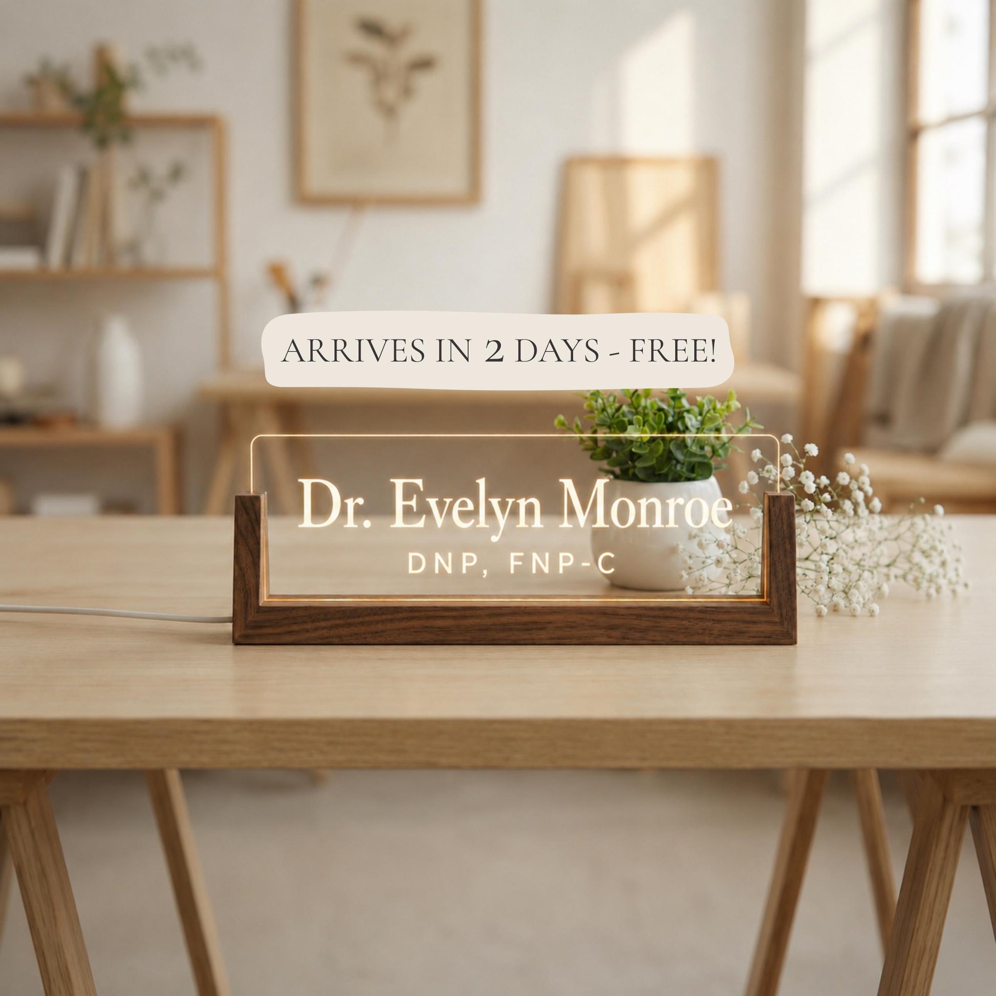 Doctor LED Name Plate, Personalized Doctor Desk Sign, Custom Wooden Base Nameplate, Medical Office Decor, Doctor Gift