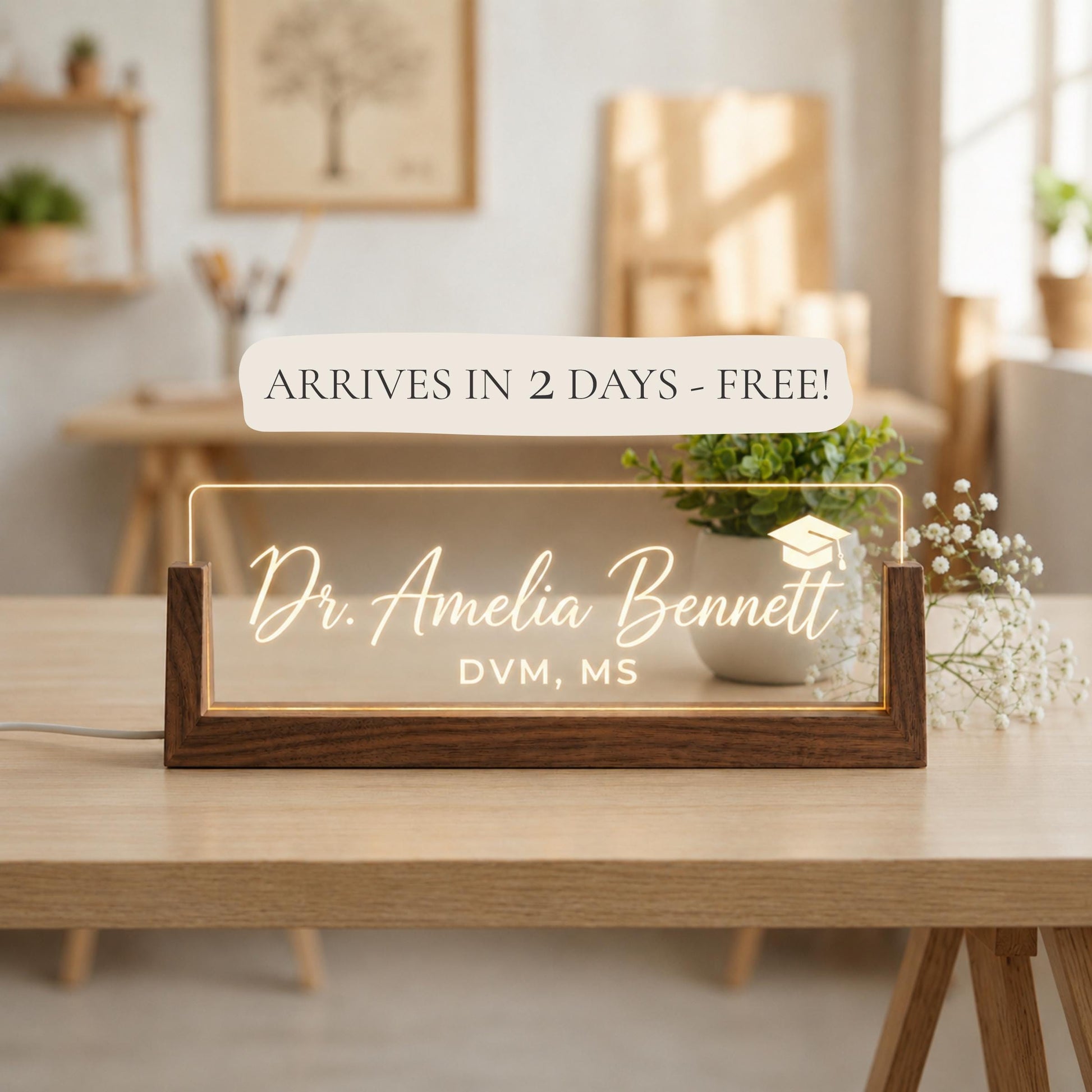Personalized LED Doctor Name Plate, Walnut or Beech Wood Physician Desk Sign, Medical Office Gift