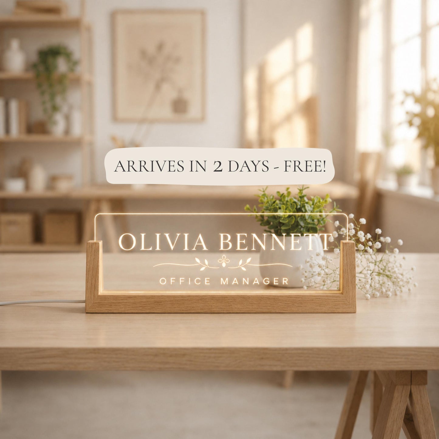 Personalized LED Desk Name Plate, Custom Acrylic Office Sign with Wooden Base (Arrives in 2 Days)