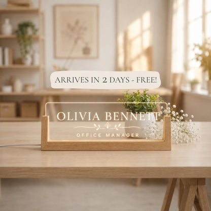 Personalized LED Desk Name Plate, Custom Acrylic Office Sign with Wooden Base (Arrives in 2 Days)