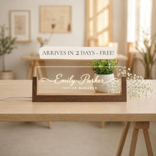 Modern LED Desk Name Plate, Personalized Acrylic Office Sign with Wooden Base
