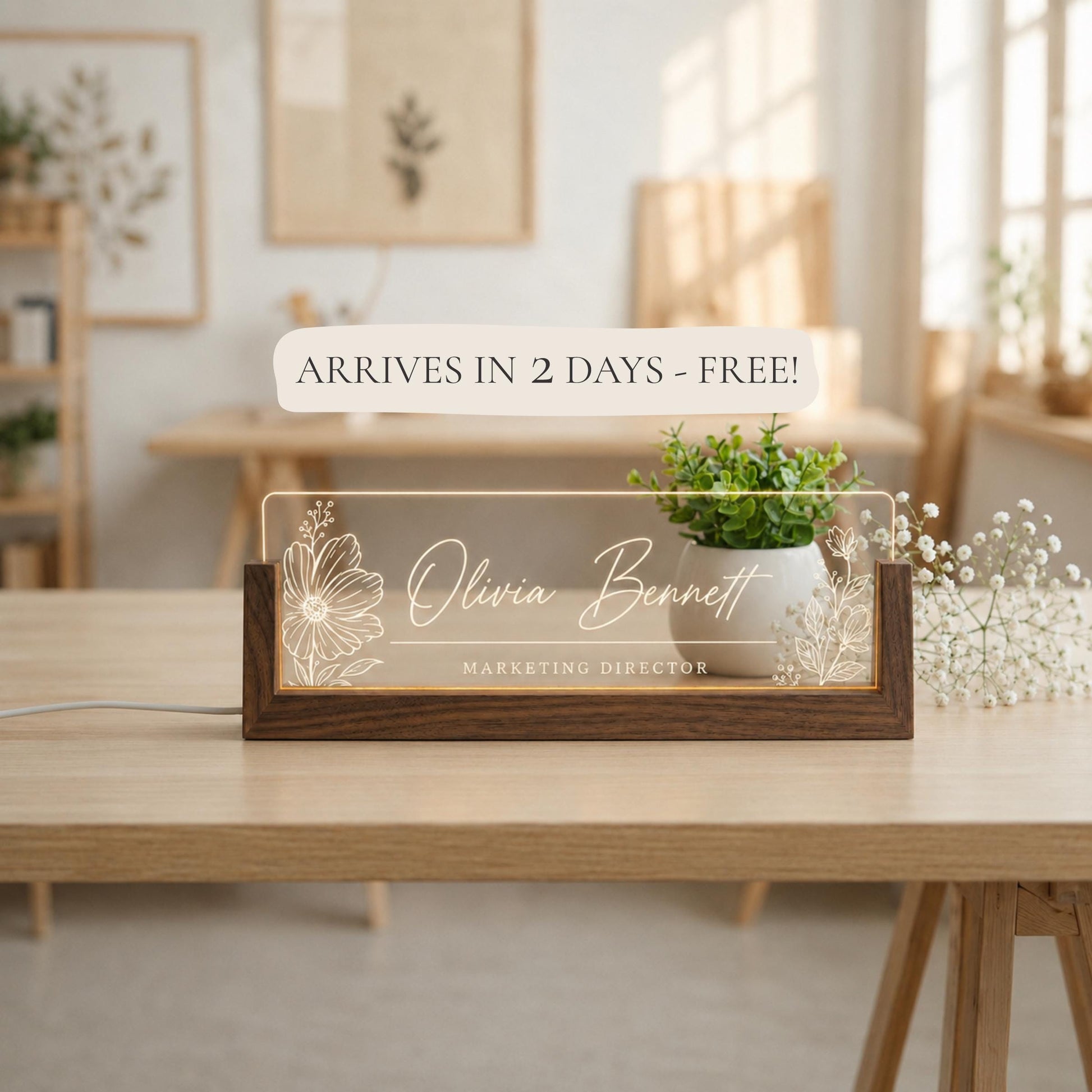 Personalized LED Desk Name Plate, Custom Acrylic Office Sign with Wooden Base (Arrives in 2 Days)