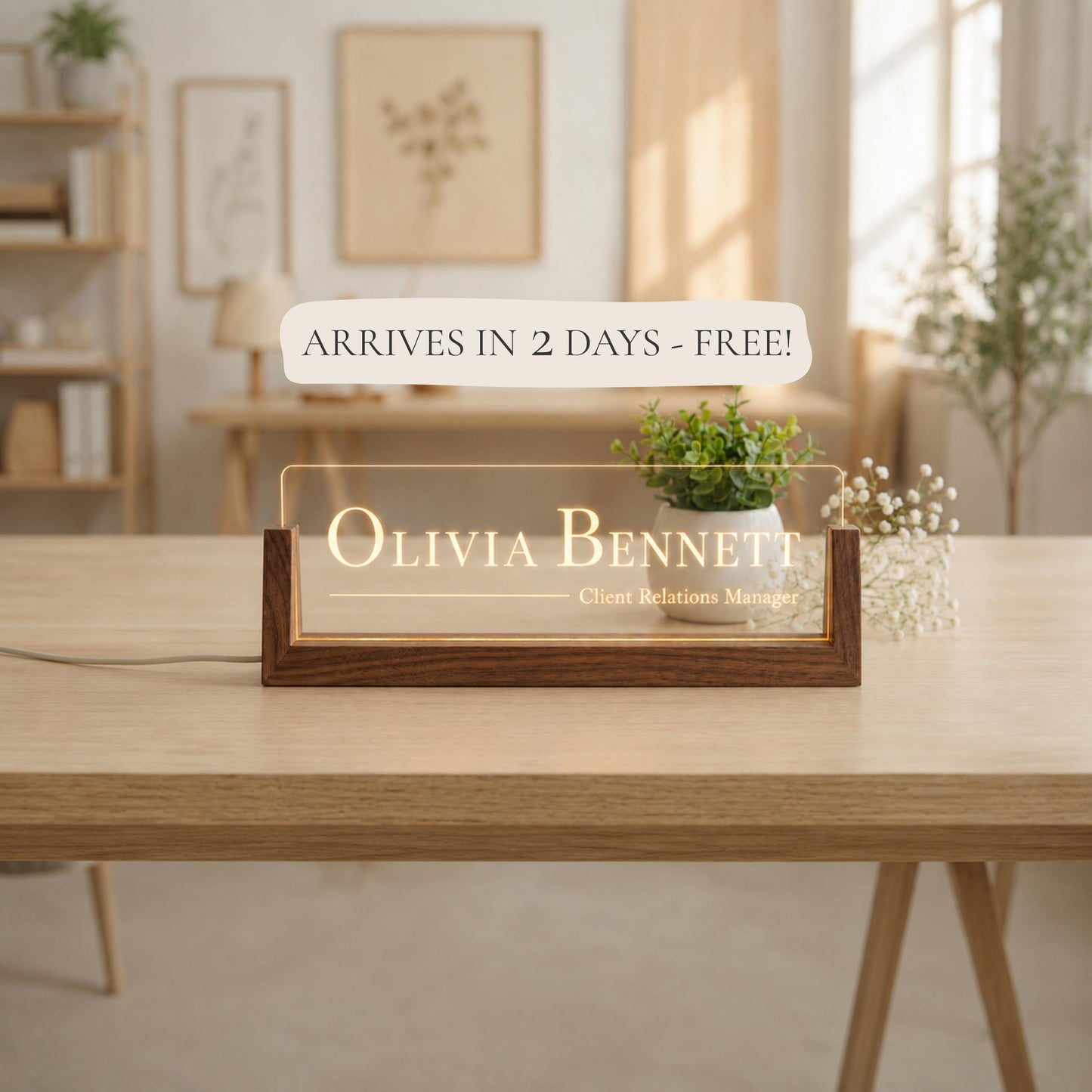 Personalized LED Desk Name Plate, Custom Acrylic Office Sign with Wooden Base (Arrives in 2 Days)